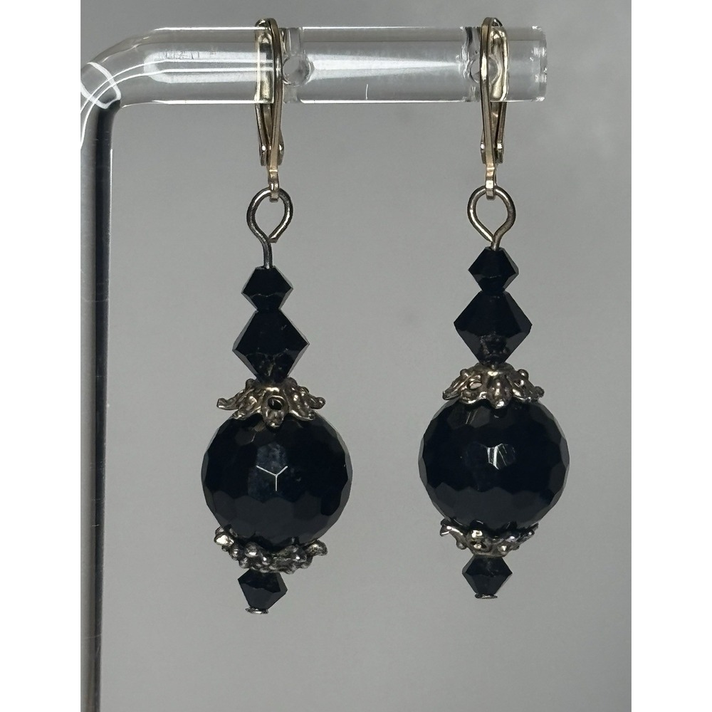 Vintage Black Faceted Glass Bead Dangle Earrings Silver Tone Leverback